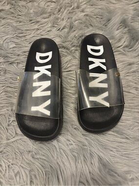 ❌SOLD❌DKNY Black Slides with Clear Vinyl Strap and White Logo